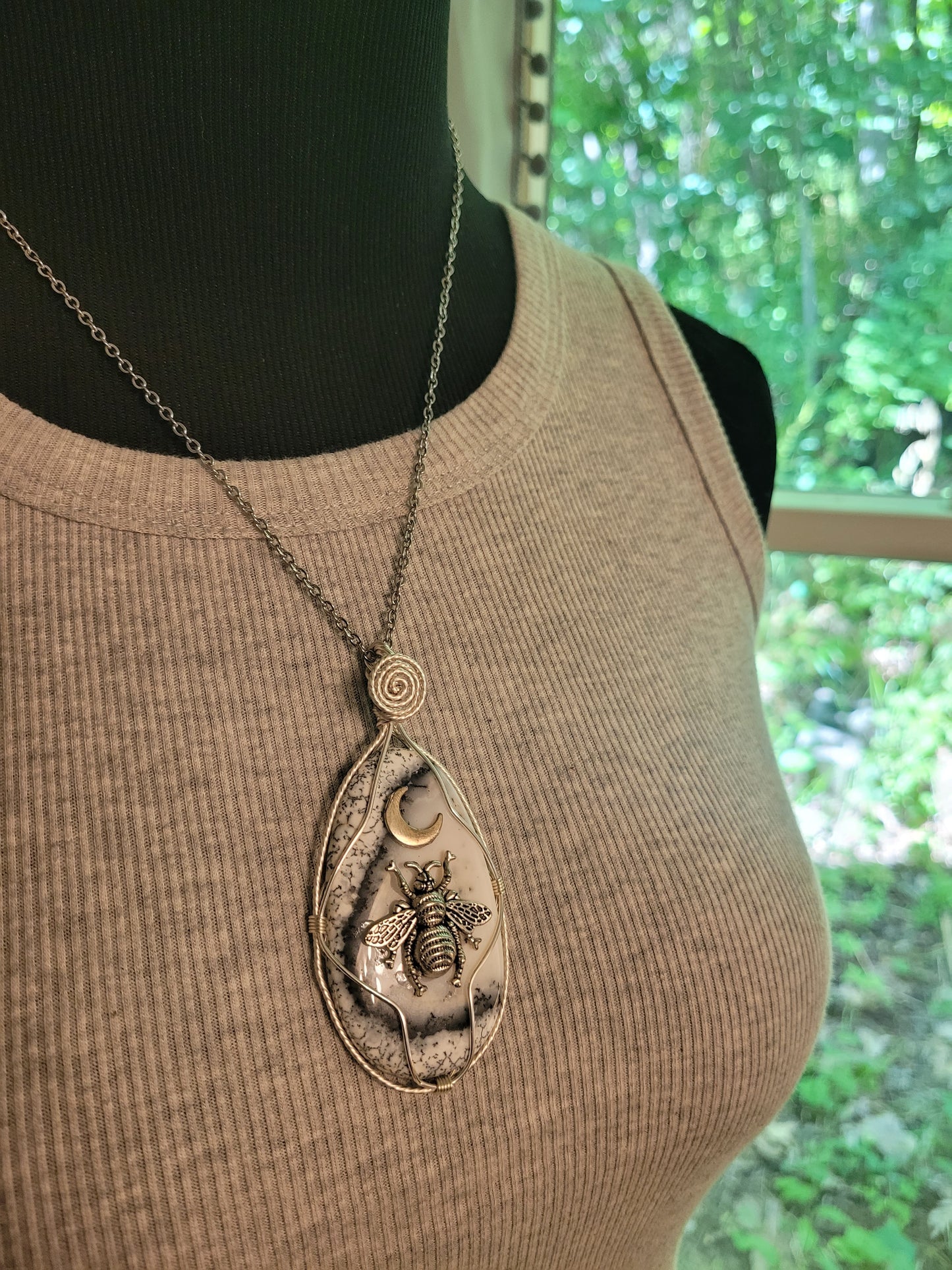 Dendrite Opal Agate Bee Pendant