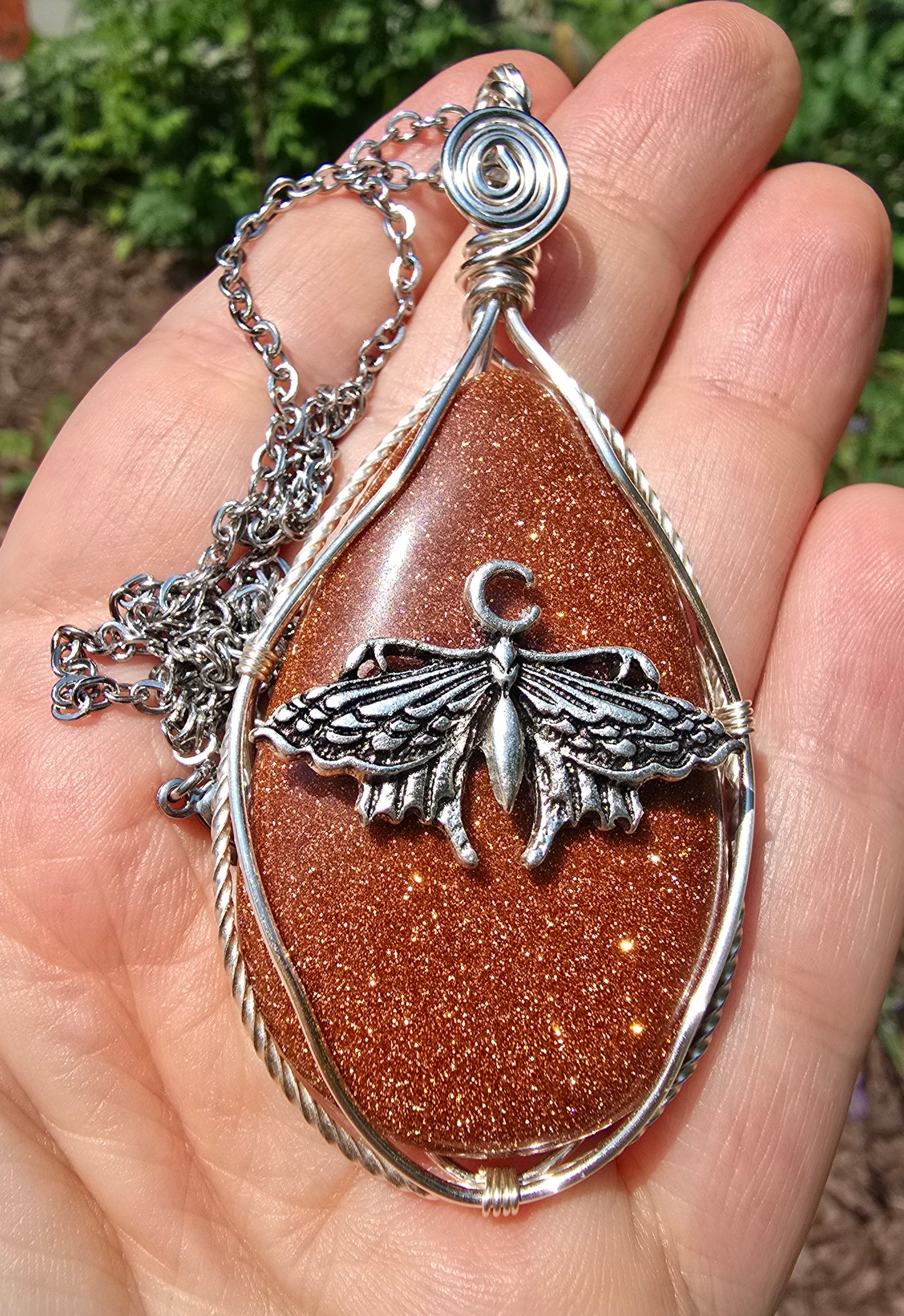 Goldstone Luna Moth Necklace