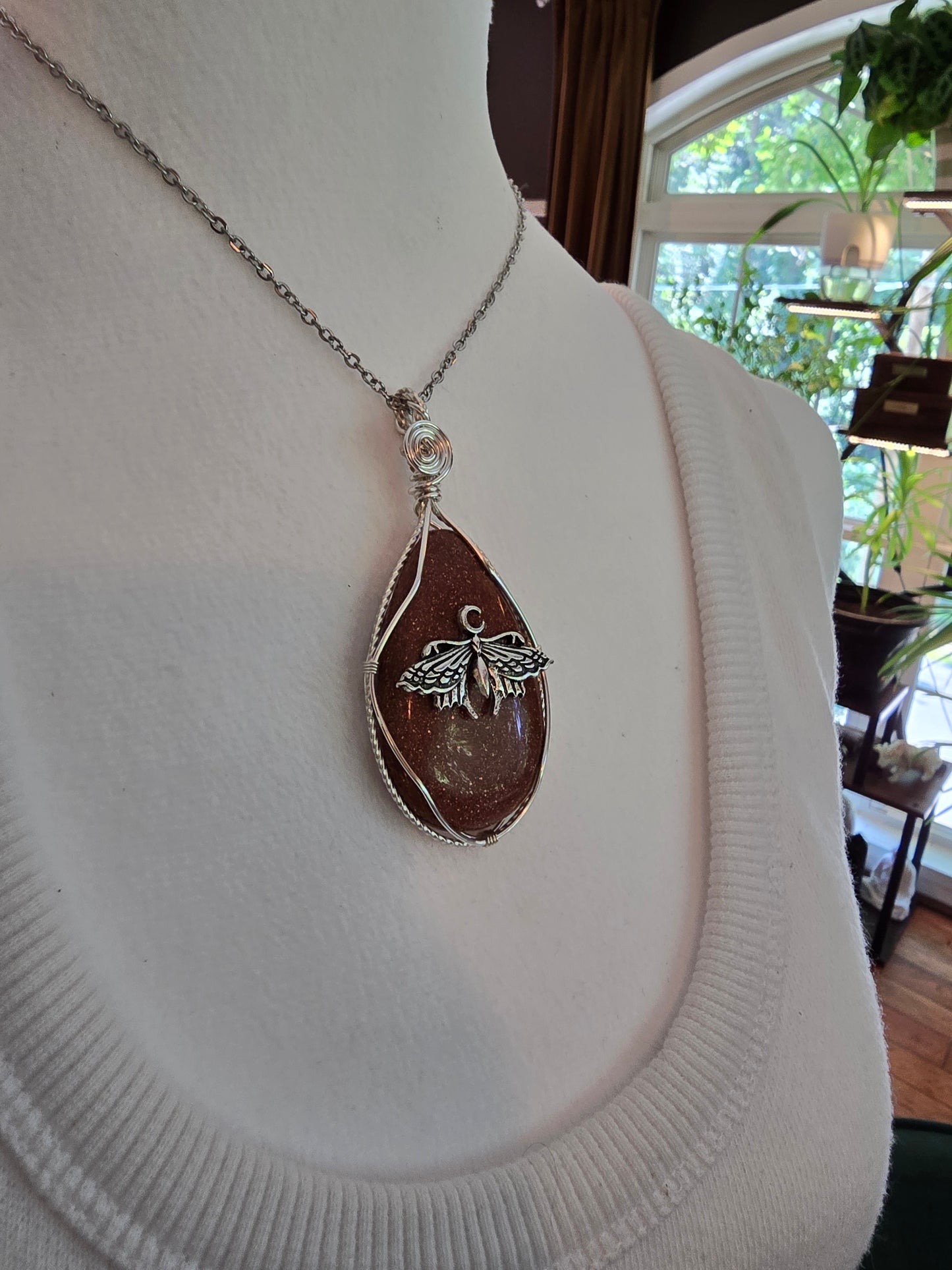 Goldstone Luna Moth Necklace
