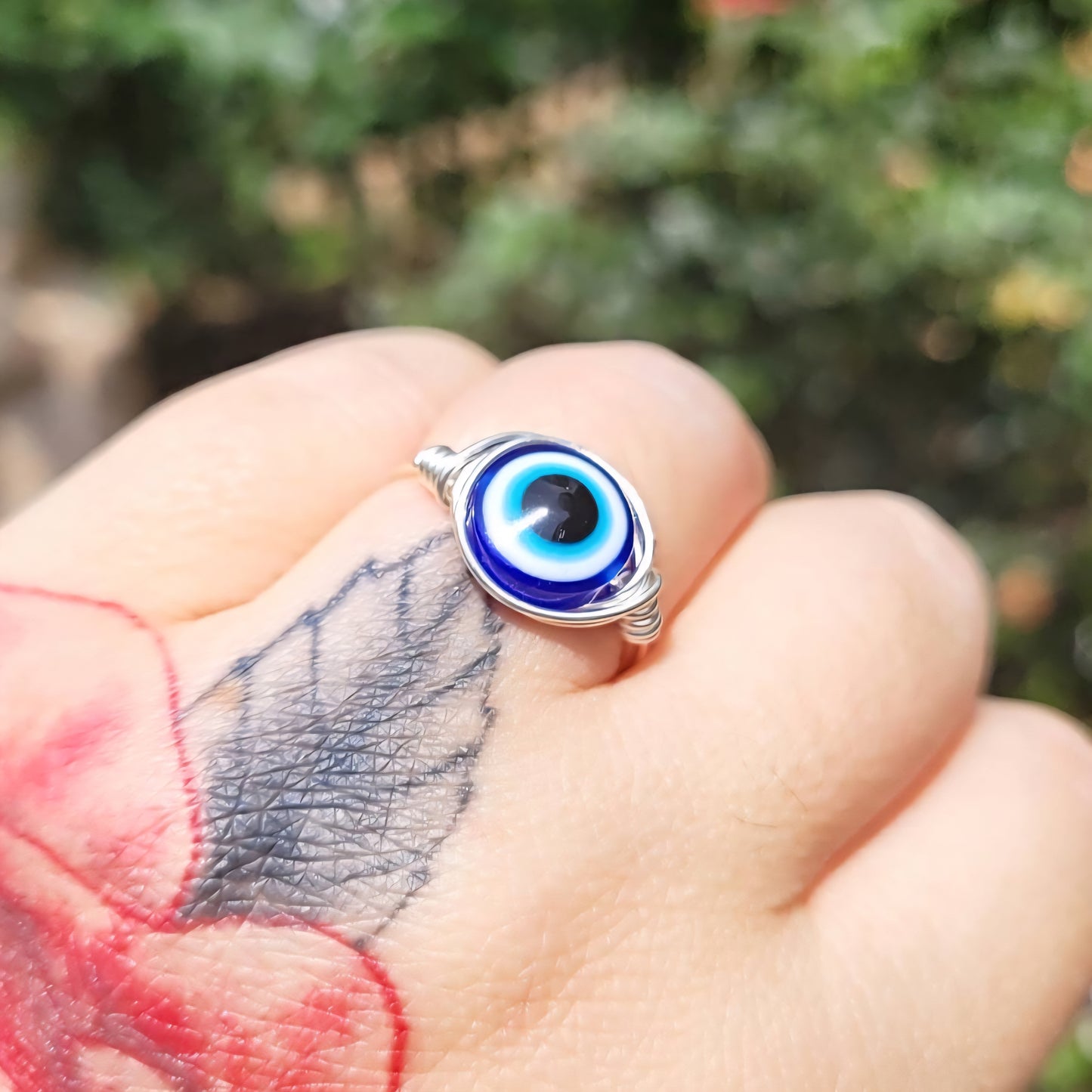 Evil eye ring, reiki infused, handmade jewelry, wire wrapped ring, blue