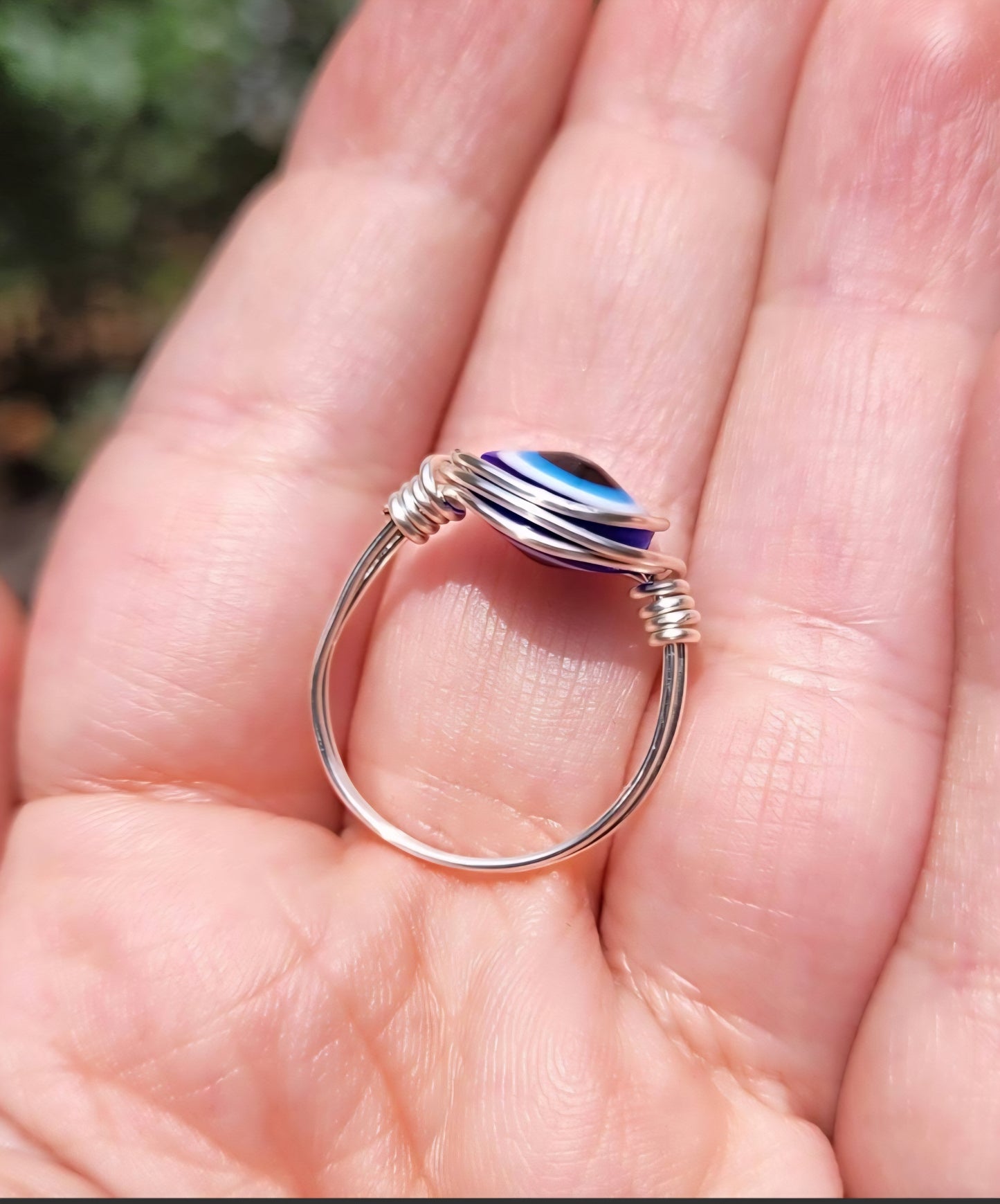Evil eye ring, reiki infused, handmade jewelry, wire wrapped ring, blue