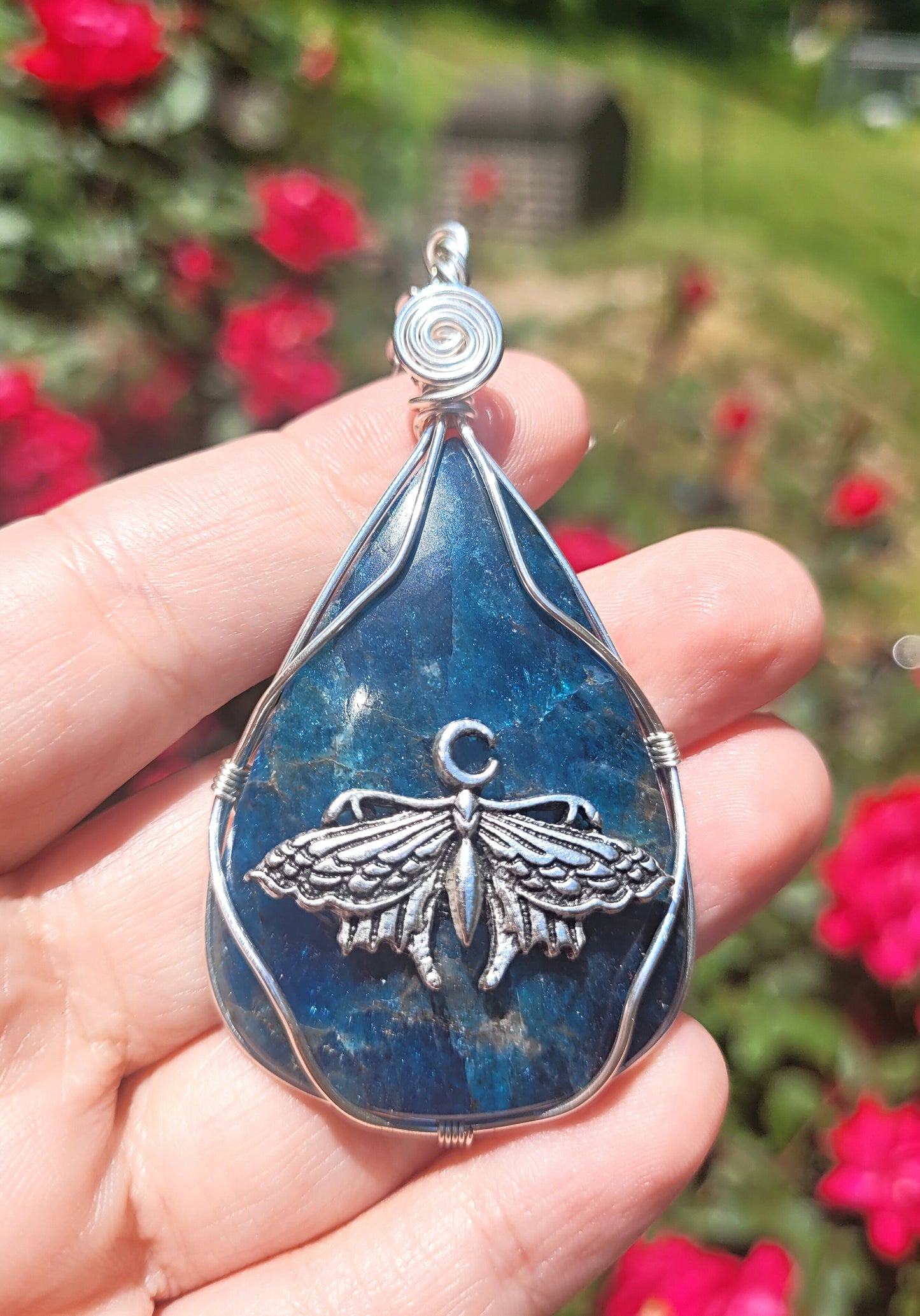 Blue apatite Luna moth Pendant