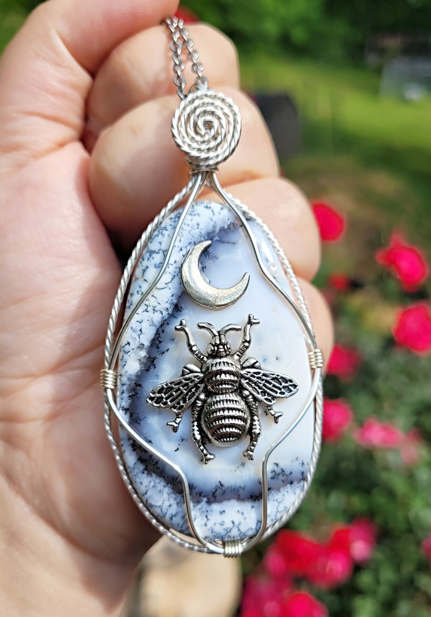 Dendrite Opal Agate Bee Pendant