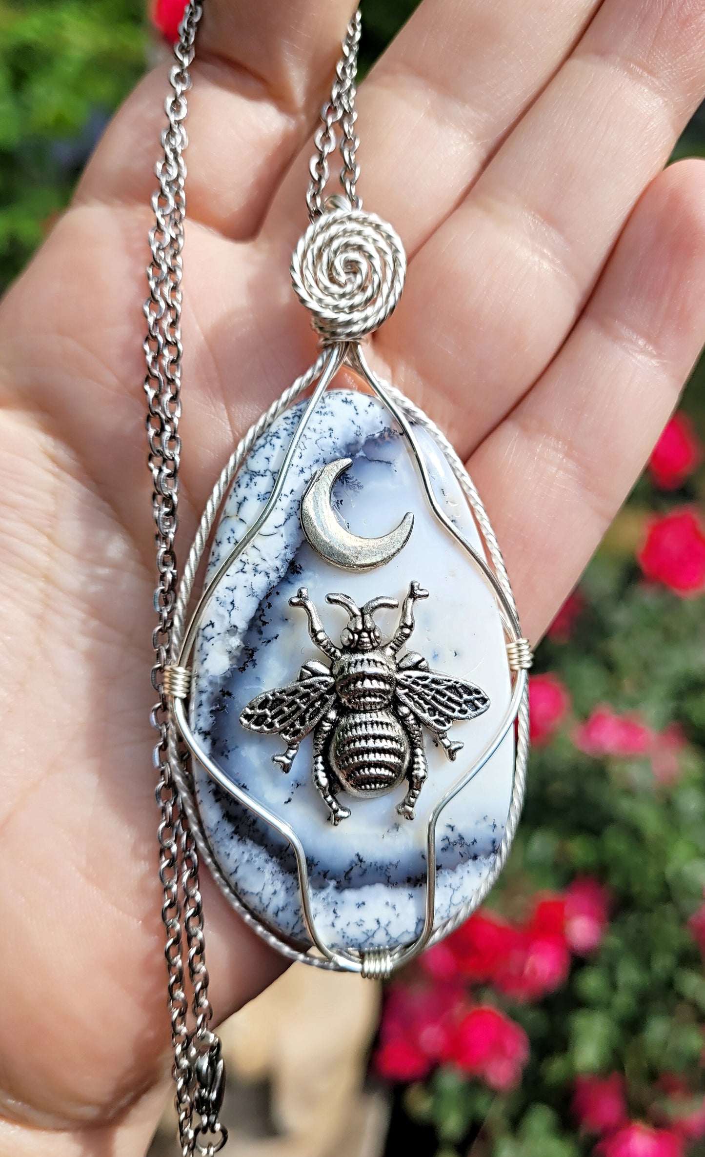 Dendrite Opal Agate Bee Pendant