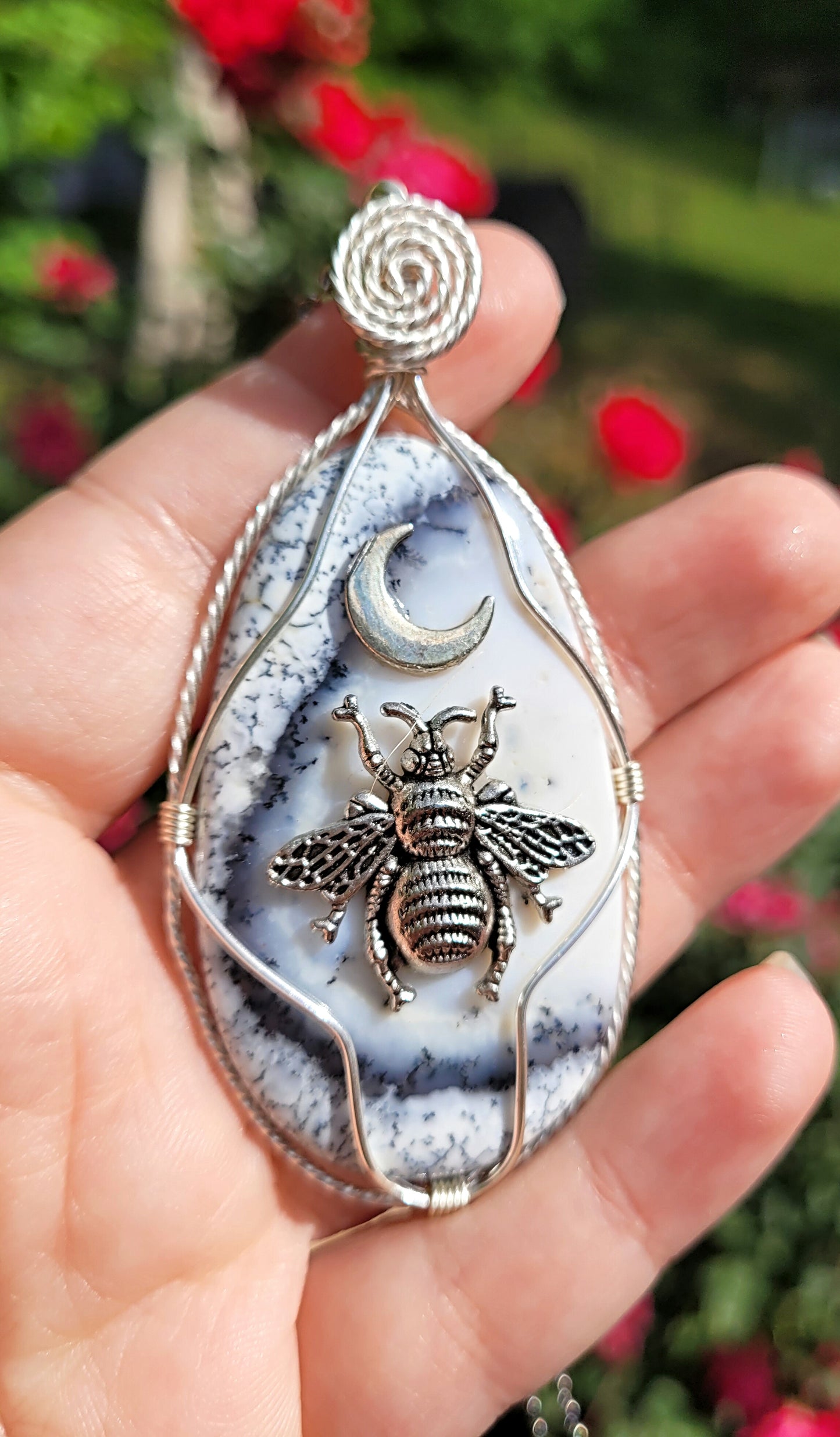 Dendrite Opal Agate Bee Pendant