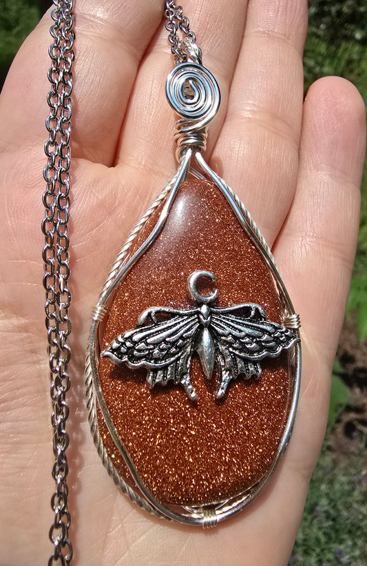 Goldstone Luna Moth Necklace