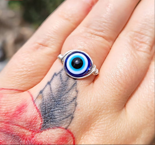 Evil eye ring, reiki infused, handmade jewelry, wire wrapped ring, blue